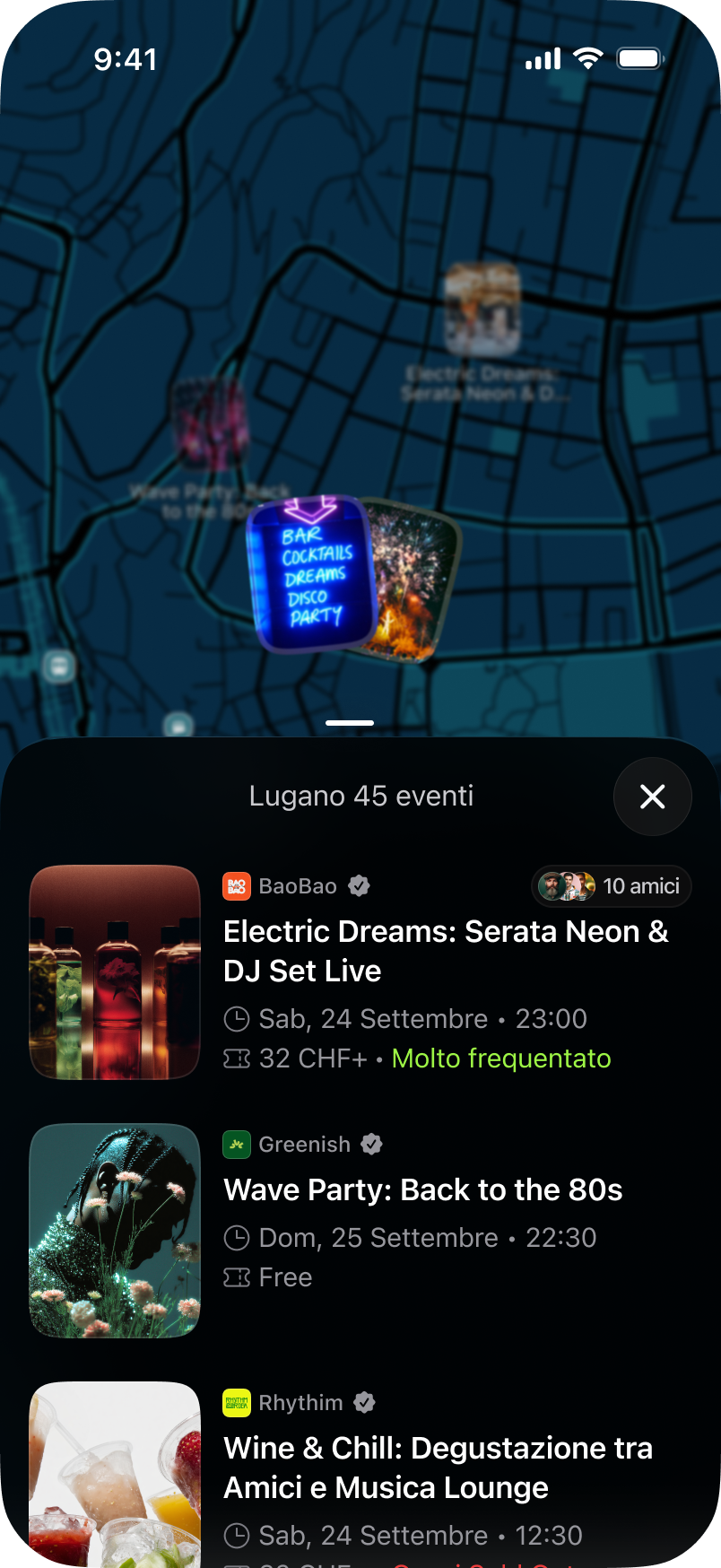 Schermata Outzone con mappa degli eventi