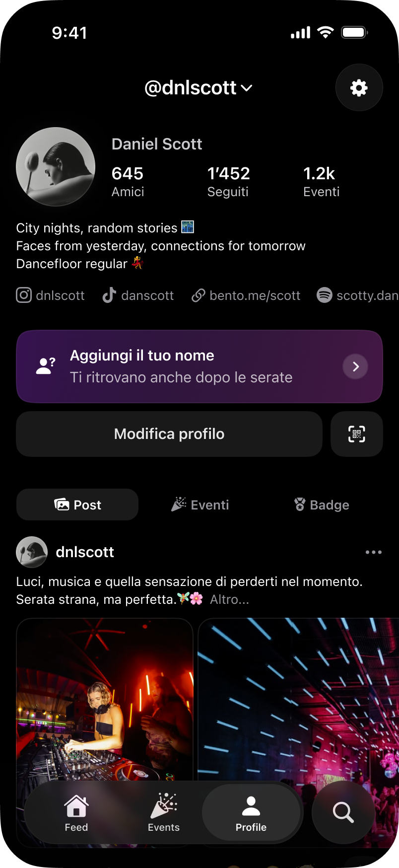 Schermata Outzone con profilo utente
